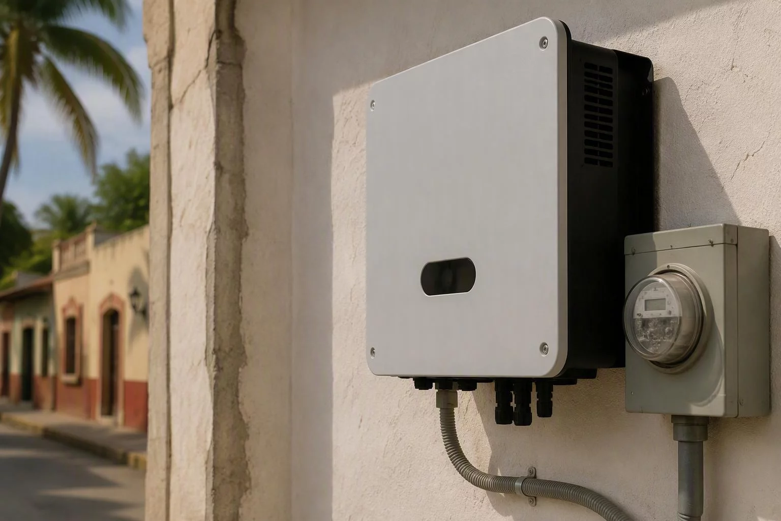 Inversor solar y caja del medidor montados en el muro aplanado de una casa
