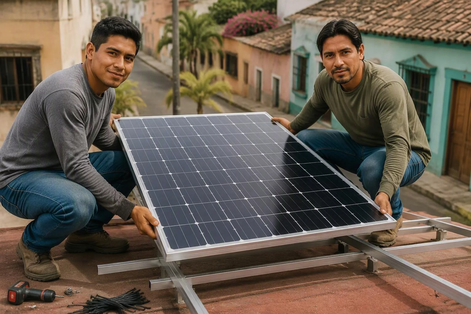 Dos técnicos colocan un módulo solar sobre los rieles de aluminio de una azotea en Veracruz